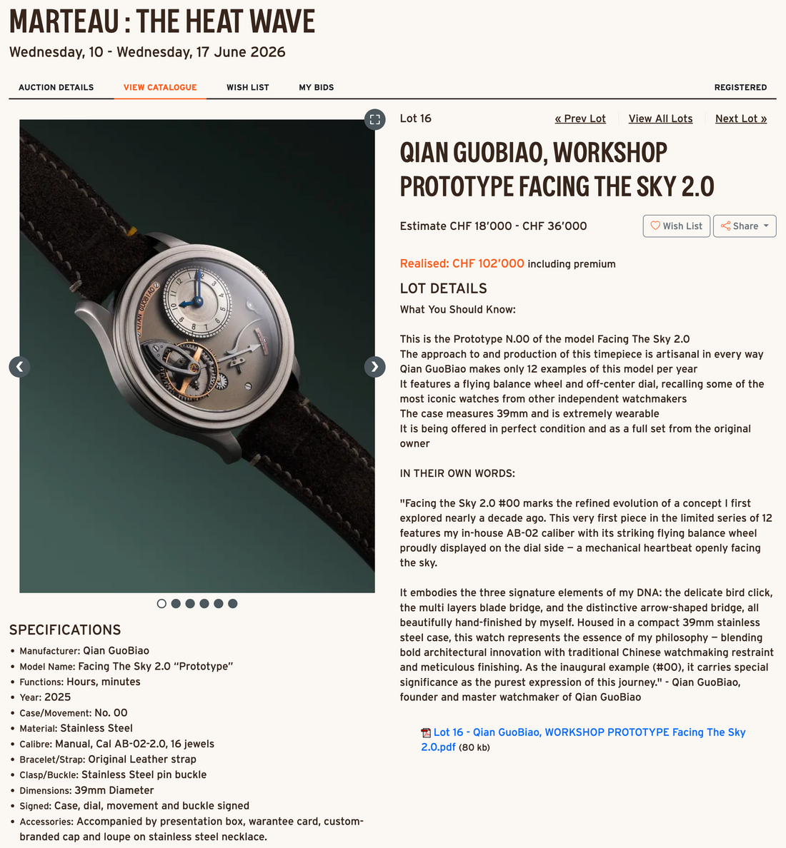 Qian GuoBiao Facing The Sky 2.0 Prototype Breaks Record: Sells for 102,000 CHF at Marteau & Co Auction