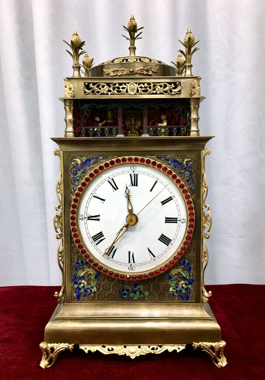 Gold-Plated Copper Openwork Enamel Inlaid Gemstone Monk Ringing Bell and Beating Clock