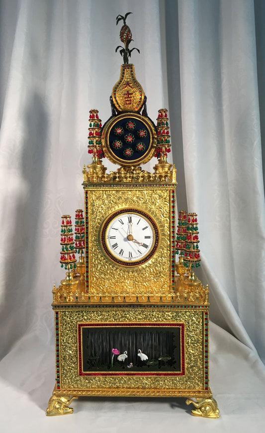 Gold-Plated Copper Inlaid with Gemstones Crane by Lotus Pond Duck Running Water Mechanism Gourd Clock