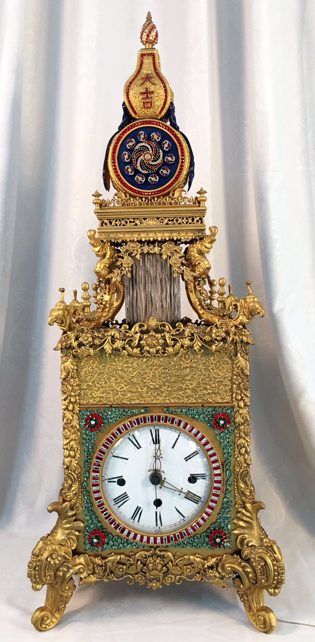 Auspicious Gold-Plated Copper Inlaid with Gemstones Gourd Water Mechanism Clock